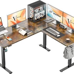 63″x55″ L-Shaped Electric Standing Desk – Adjustable Height, 4 Memory Presets, 2 Headphone Hooks – Rustic Brown Home Office Corner Desk